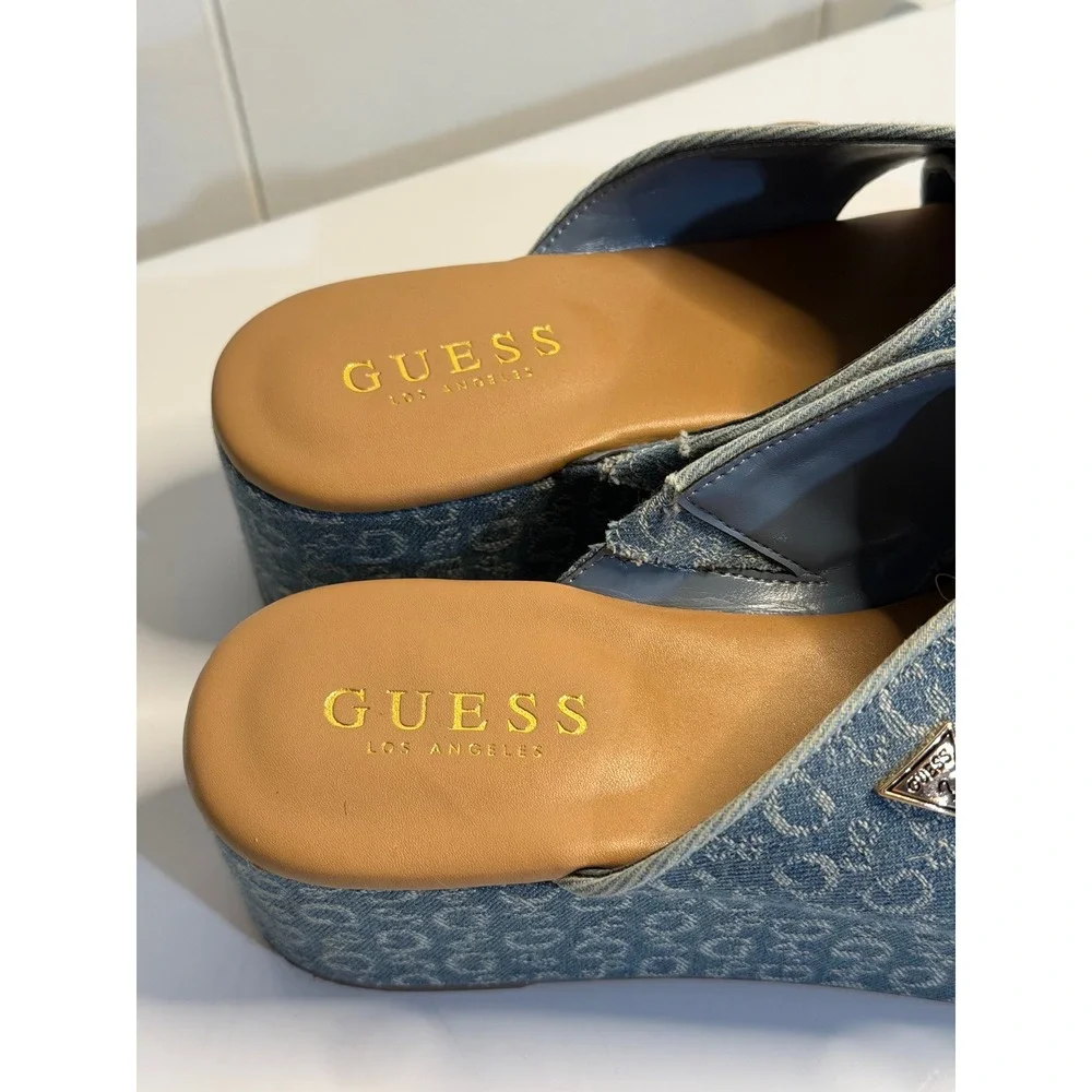 GUESS Denim Logo Platform Wedge Sandals Crisscross Womens SZ 7.5M Stylish Casul - Picture 3 of 9